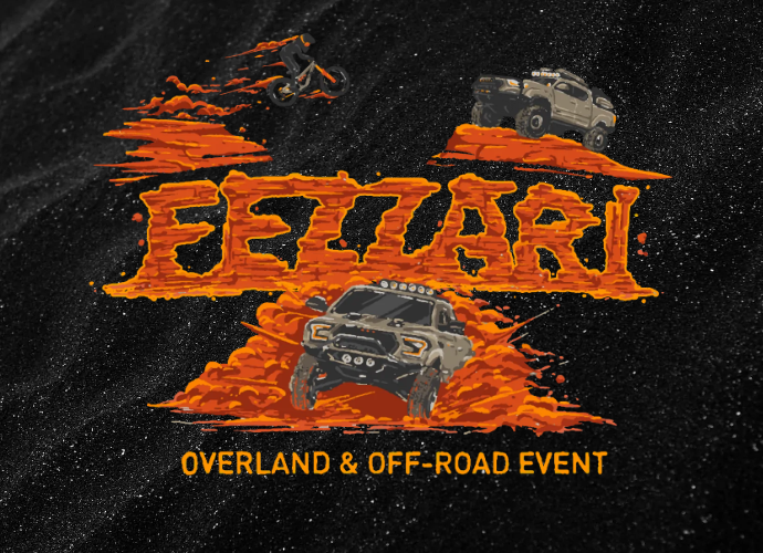 Ari Overland and Off-Road Event graphic with orange lettering, trucks and a rider kicking up dust