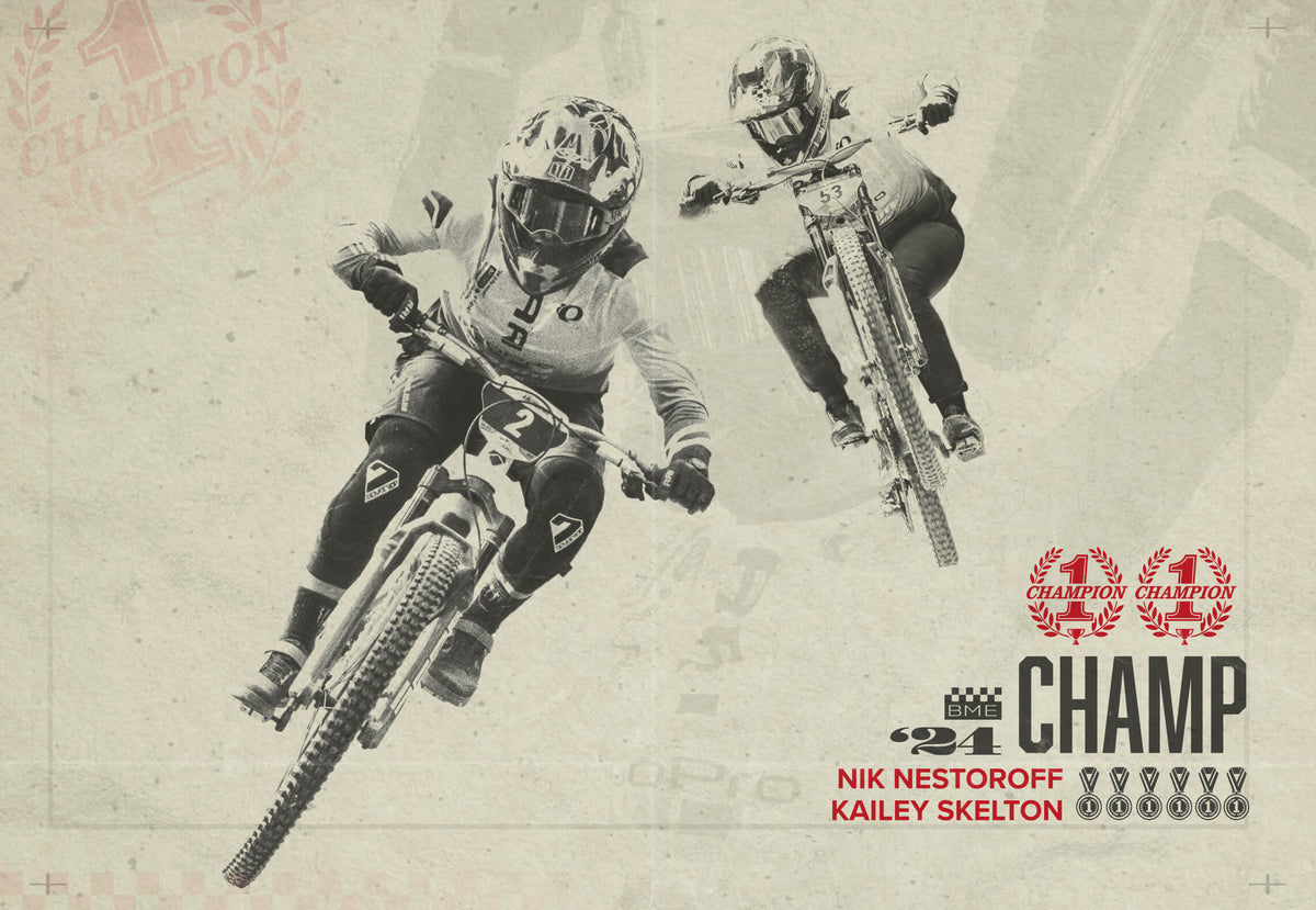 Vintage-style 2024 champions graphic of two downhill riders naming Nik Nestoroff and Kailey Skelton