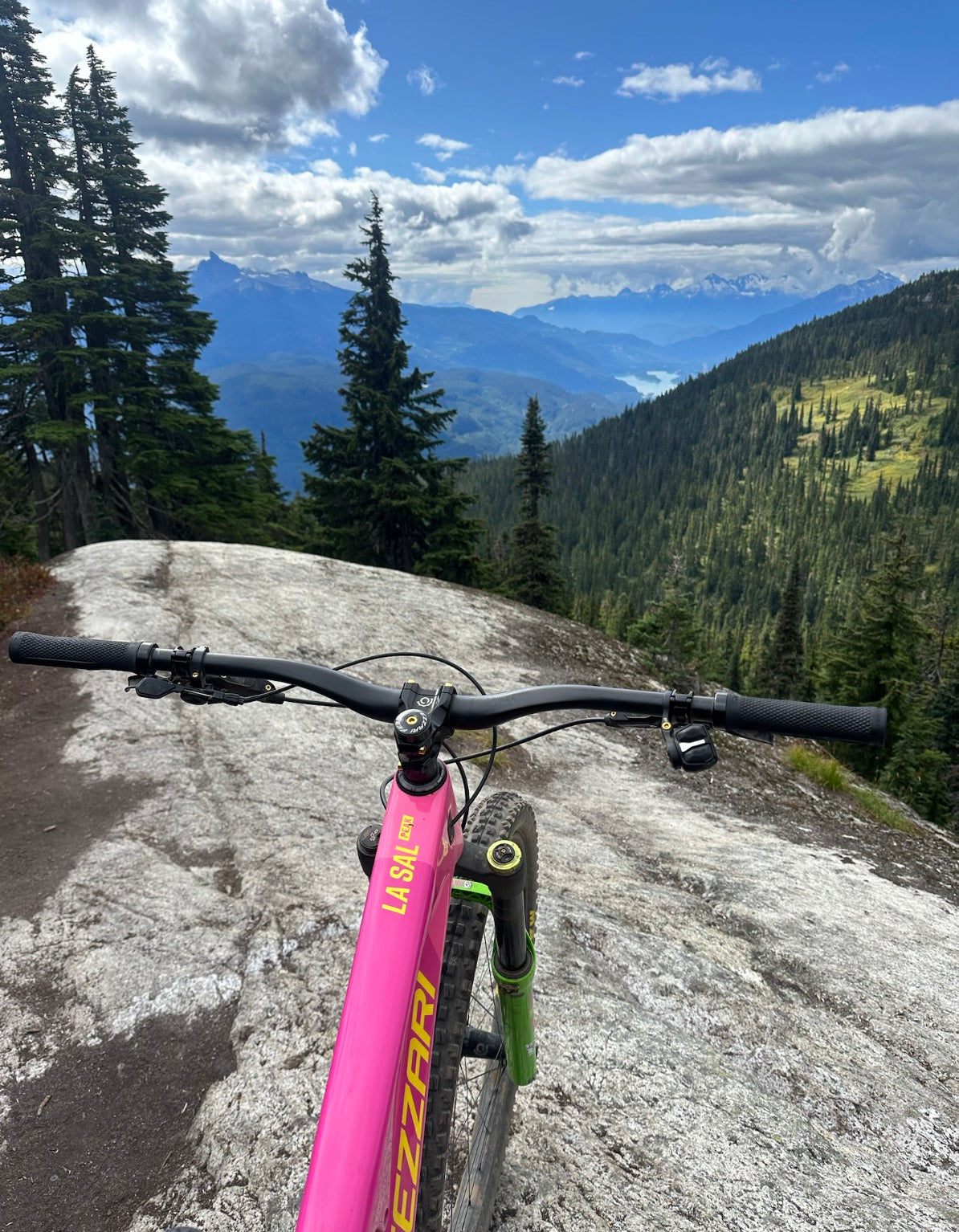 Pink La Sal Peak handlebar and fork on a granite slab overlooking forested mountains and a valley