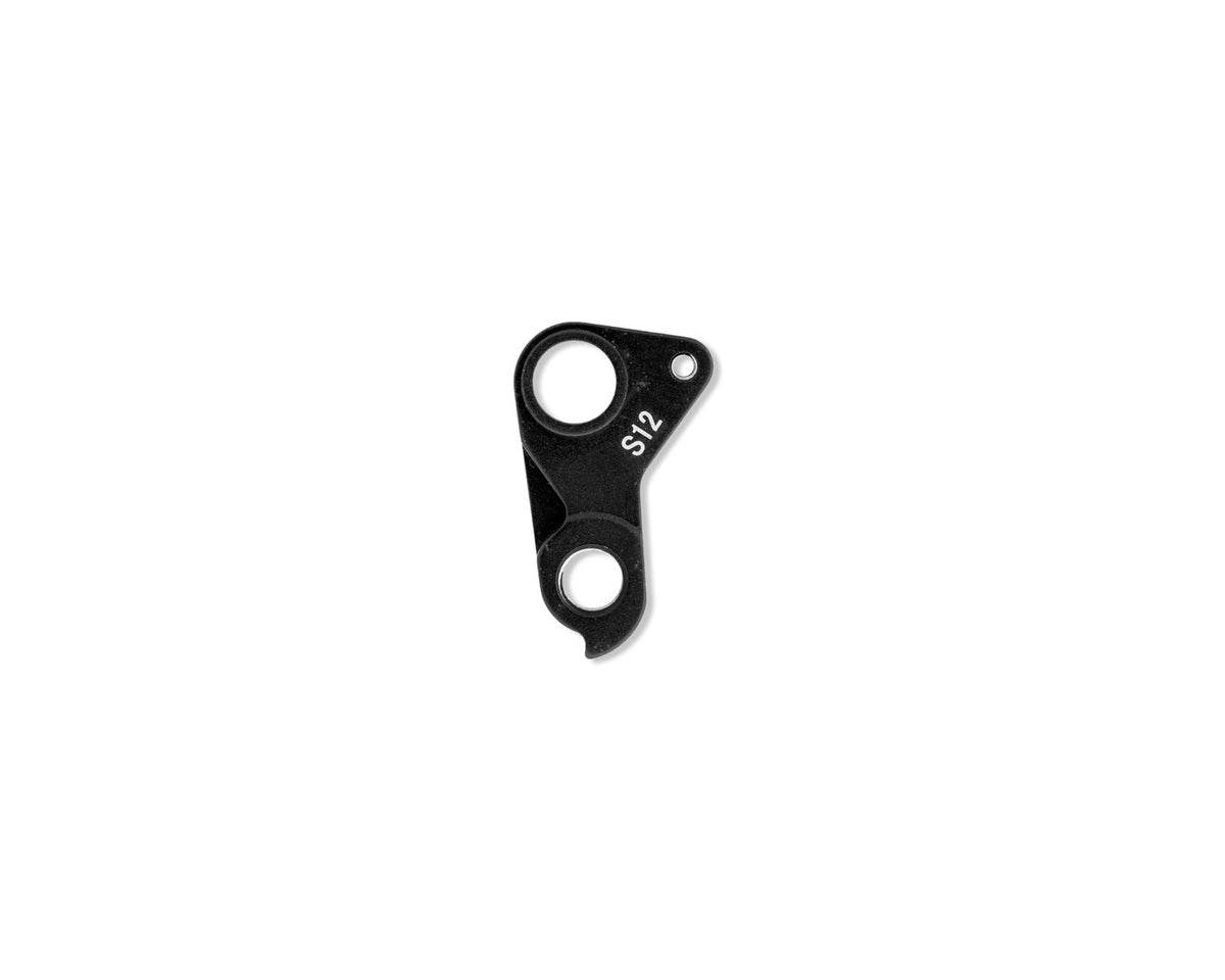 Derailleur hanger #14, front view, black hanger with S12 engraving
