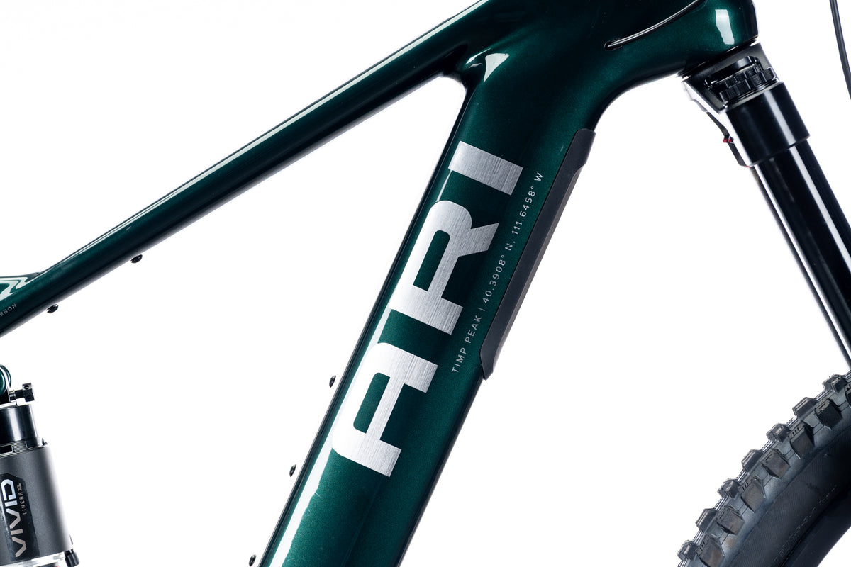 Teal green Timp Peak down tube with a large Ari decal and the shock below