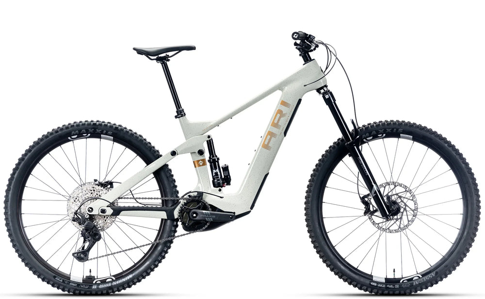 Timp Peak Comp electric mountain bike in White Gold, drive-side view