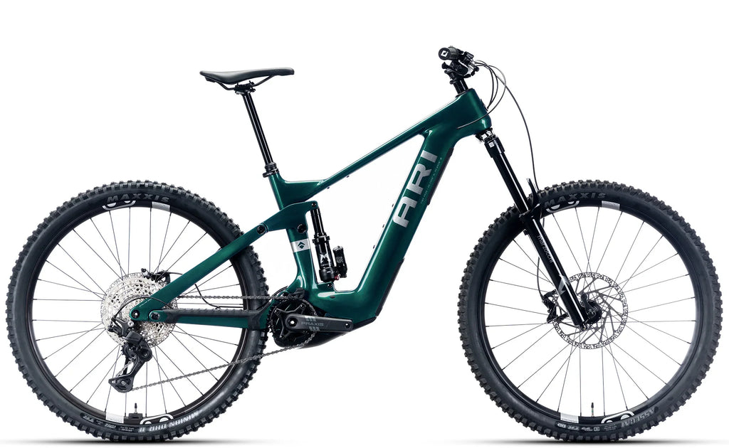 Timp Peak Comp electric mountain bike in Emerald Metallic, drive-side view