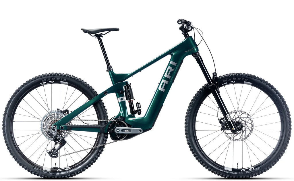 Timp Peak Elite electric mountain bike in Emerald Metallic, drive-side view