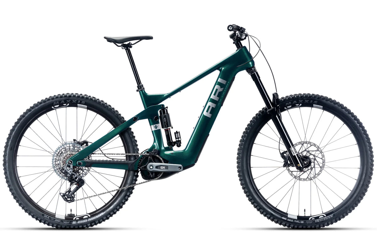 Timp Peak Elite electric mountain bike in Emerald Metallic, drive-side view