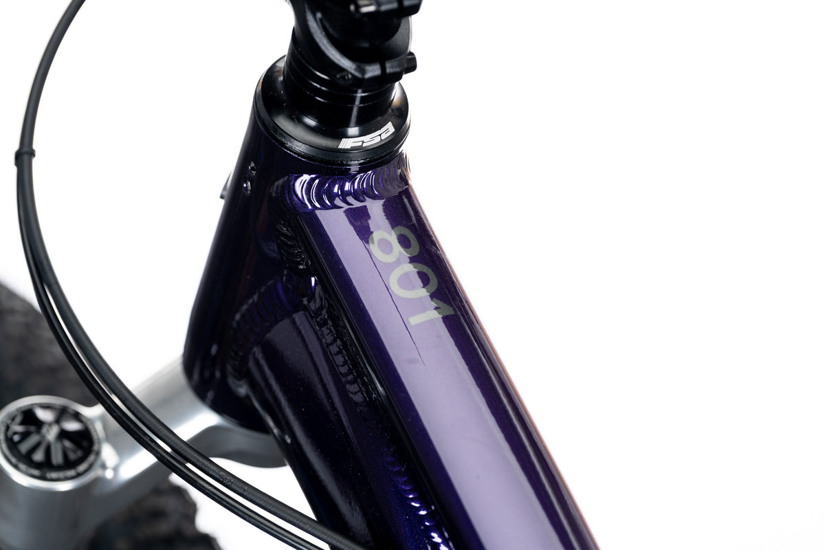 Dark purple 801 head tube with the 801 decal, headset and silver fork