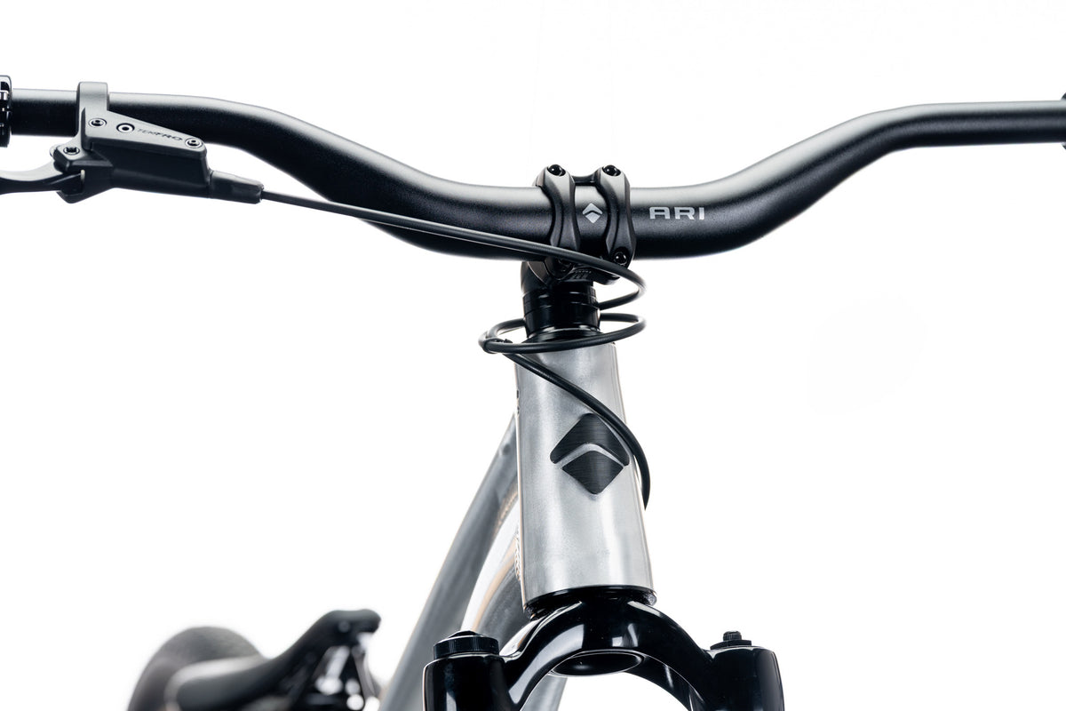 Front view of a silver 801 dirt jump bike with Ari handlebar, brake levers and head badge