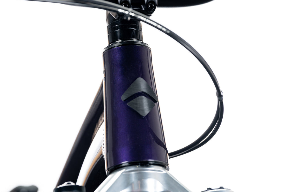 Purple 801 head tube with the Ari diamond badge and a cable looping past