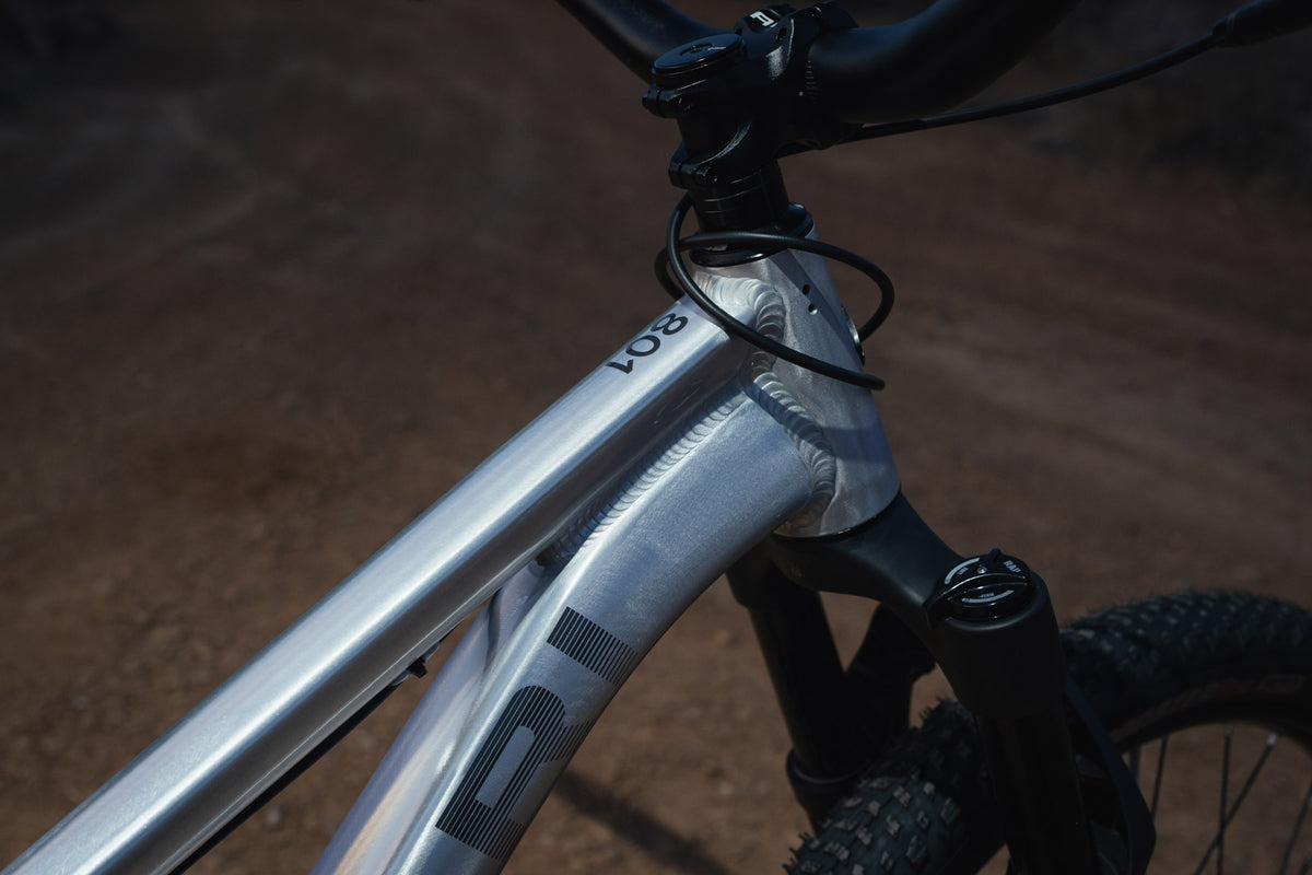 Silver 801 frame close-up on a dark dirt surface with the top tube Ari decal