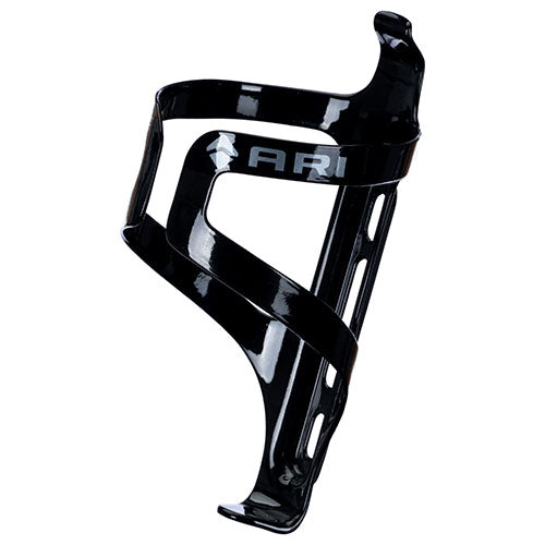 Ari carbon fiber top entry water bottle cage in glossy black with ARI logo