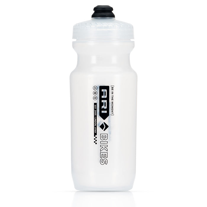 Ari Factory water bottle in clear white with black Be In The Moment, Ari Bikes print