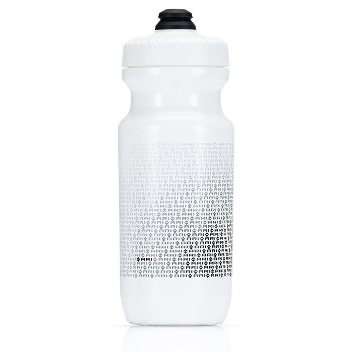 Ari white water bottle with black cap and a fading ARI logo pattern