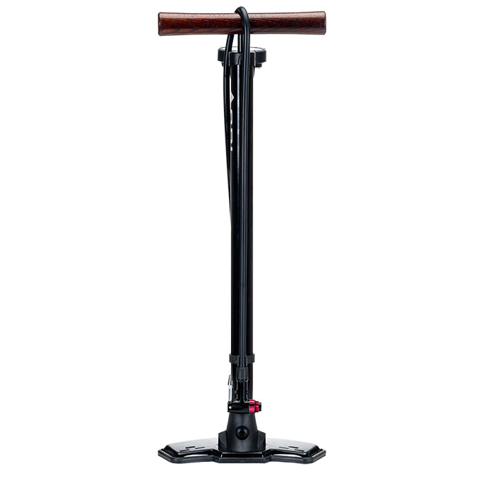Ari Floor Pump with wooden T-handle and black barrel, front view