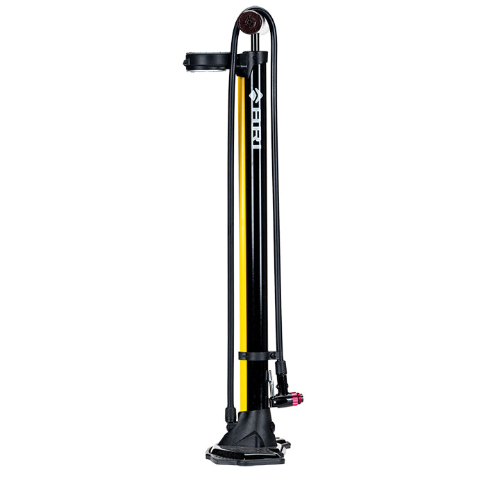 Ari Floor Pump with yellow stripe, hose wrapped around the barrel and gauge-side head