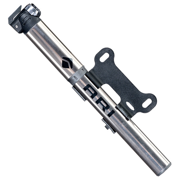 Ari mini hand pump with silver barrel, ARI logo, and black frame bracket