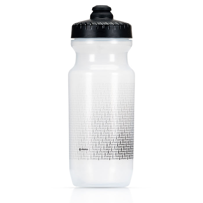 Ari clear water bottle with black cap and a fading ARI logo pattern