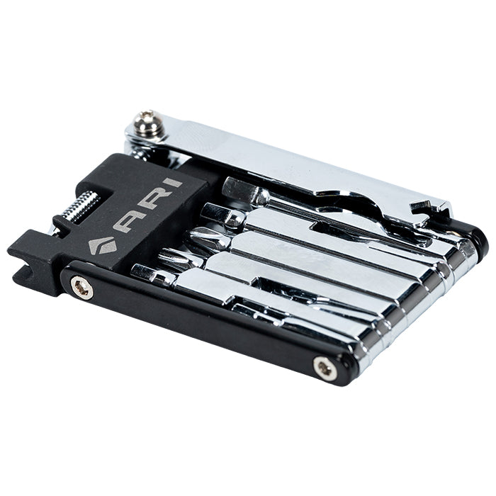 Ari folding multi-tool, 12-piece, with black body and chrome tools, folded closed