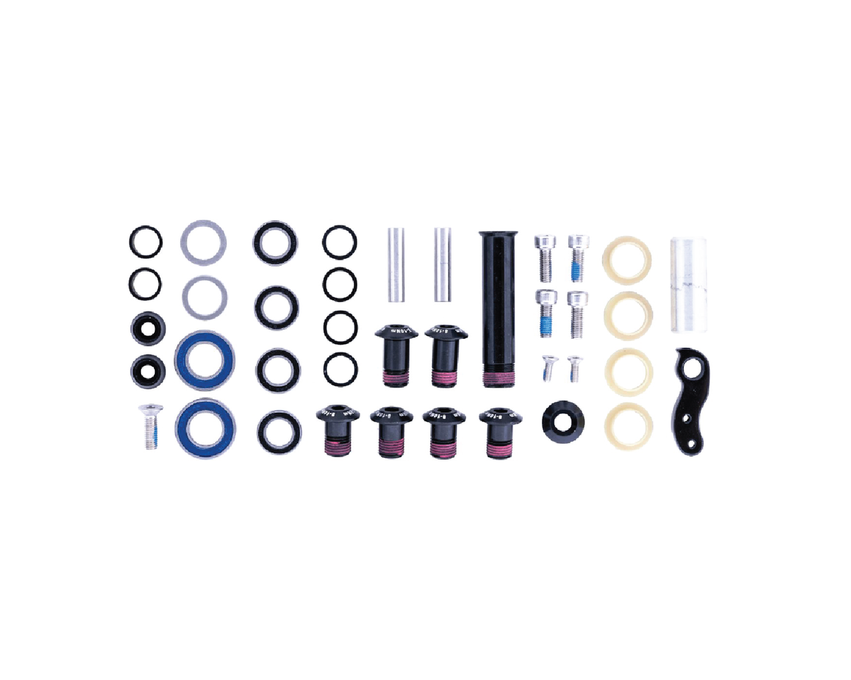 Parts kit for the 2014-2017 Cascade suspension linkage rebuild: bearings, bolts, spacers, and hardware