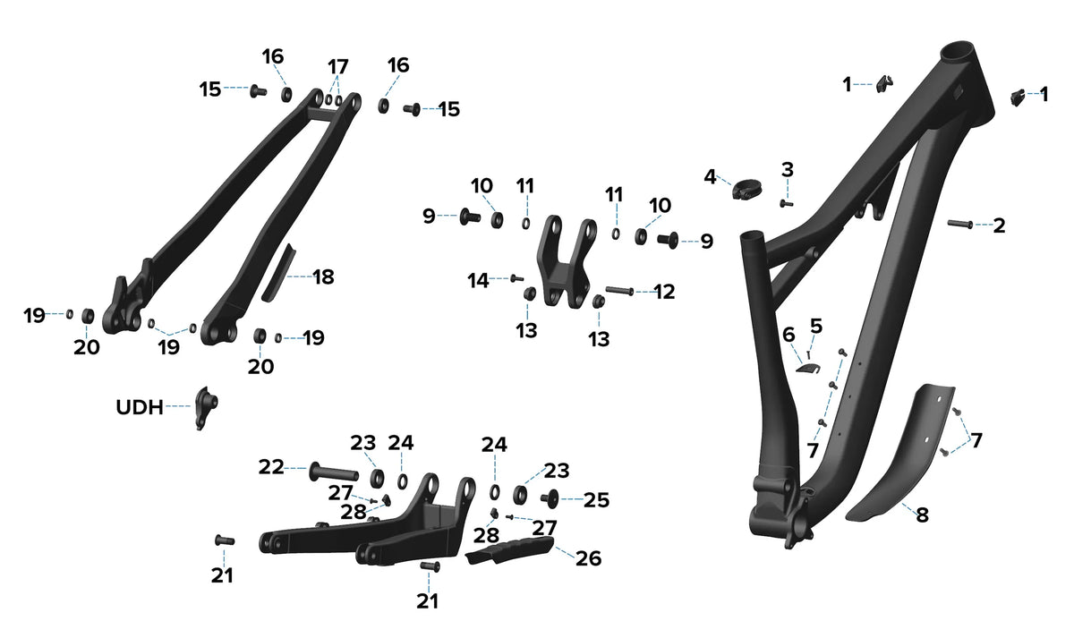 Exploded diagram of Cascade Peak frame parts with numbered linkage, bearings, and hardware for the 2024+ rebuild kit