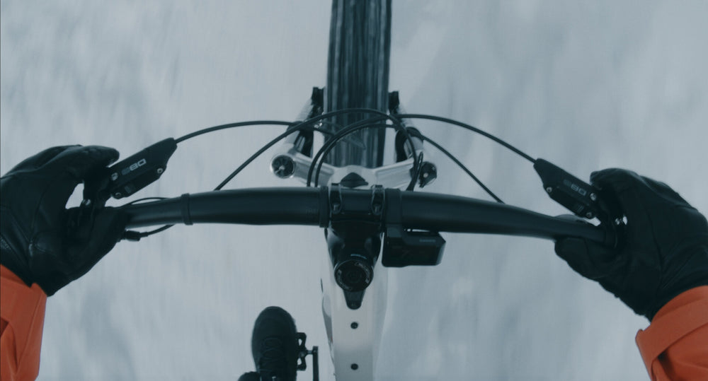 Overhead view of gloved hands on an Explorer Peak handlebar over snow