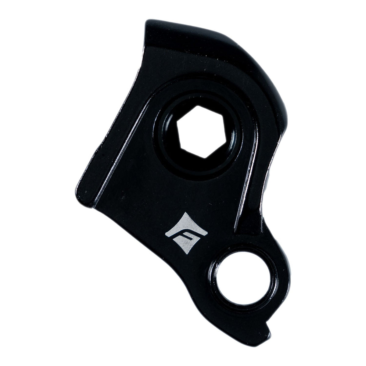 Ari road derailleur hanger in black with Ari logo, inside face