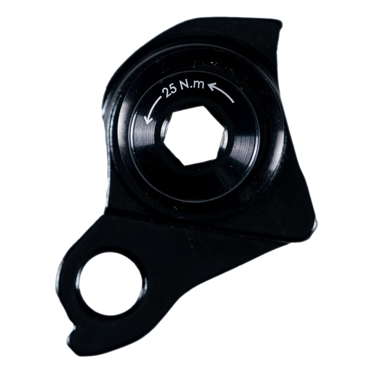 Ari road derailleur hanger in black, outside face with 25 N.m torque marking on the bolt
