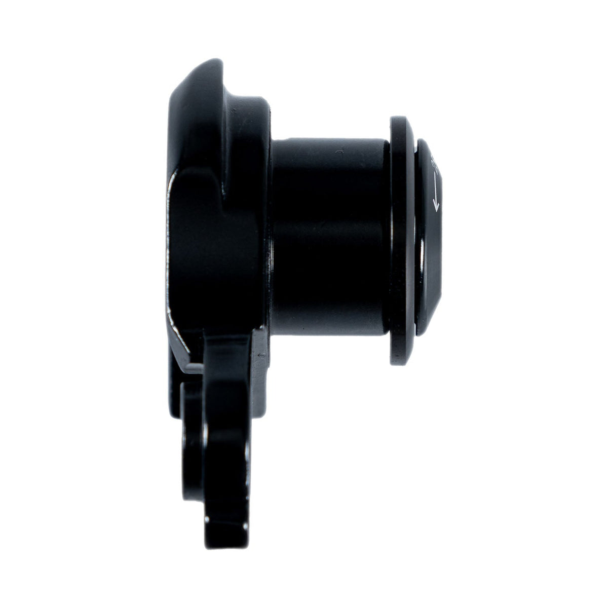 Ari road derailleur hanger in black, side profile showing the thick axle bolt barrel