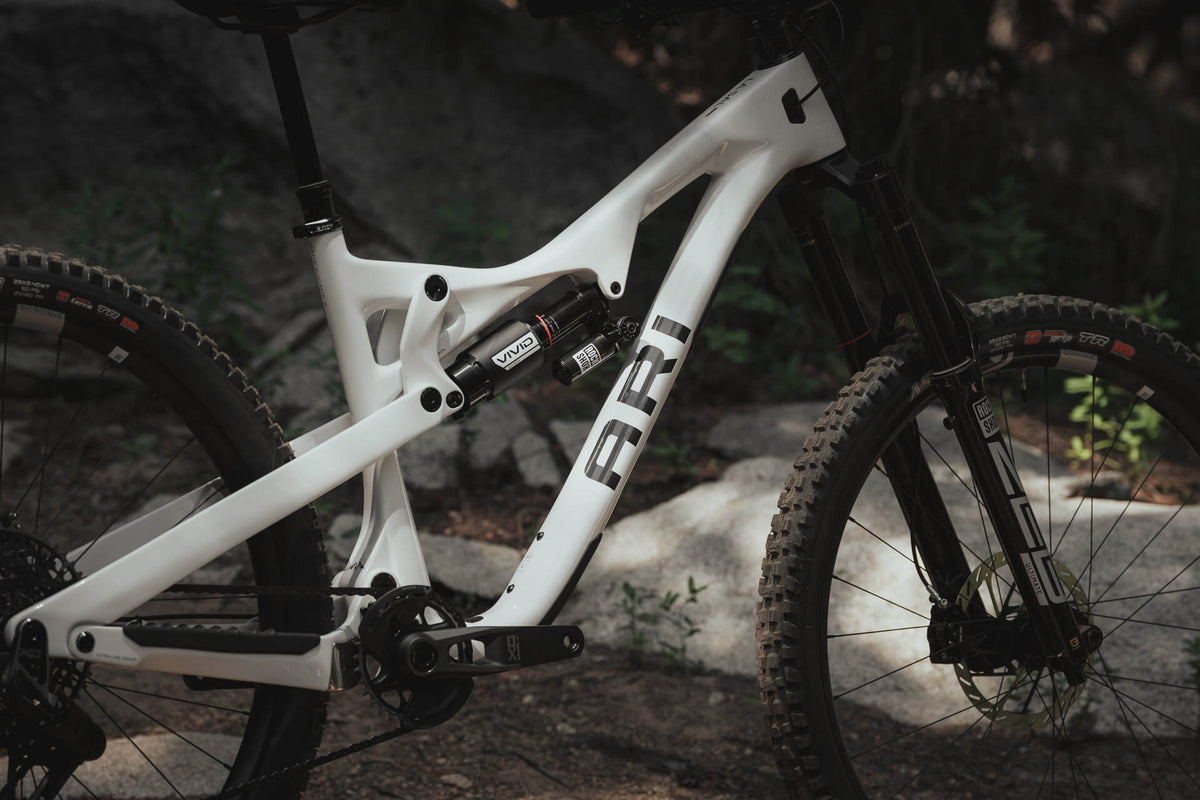 Close-up of the rear shock, linkage and Ari lettering on a white La Sal frame