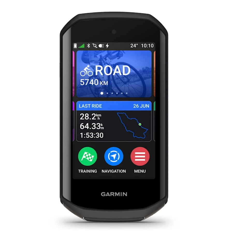 Garmin Edge 1050 bike computer with a home screen showing ride stats and a training menu