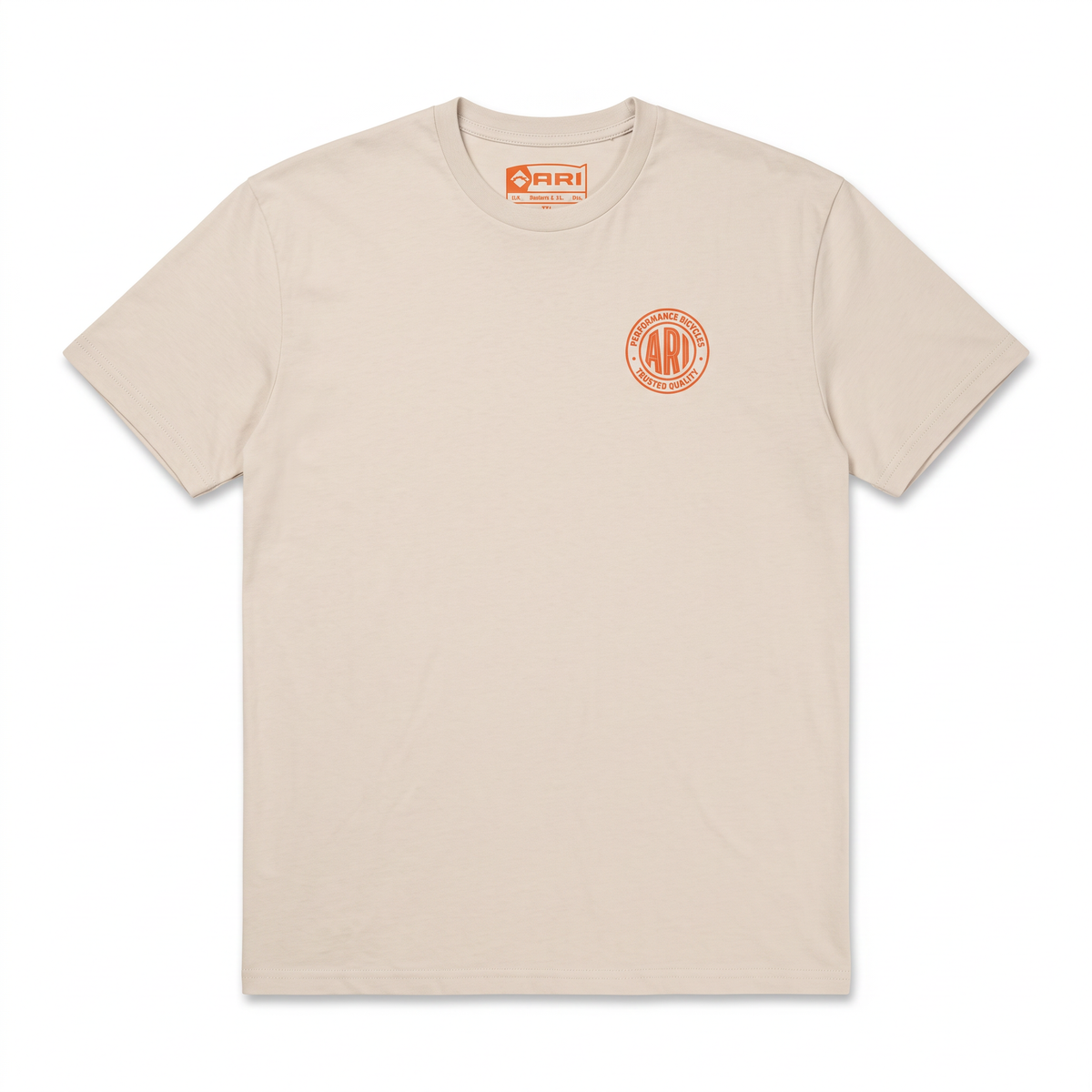Badged Tee in sand with small orange Ari Performance Bicycles circle logo on the chest, front