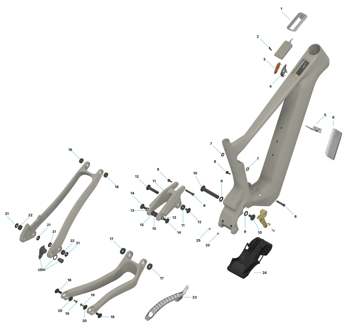 Exploded diagram of a frame linkage with bearings and hardware for the linkage rebuild kit