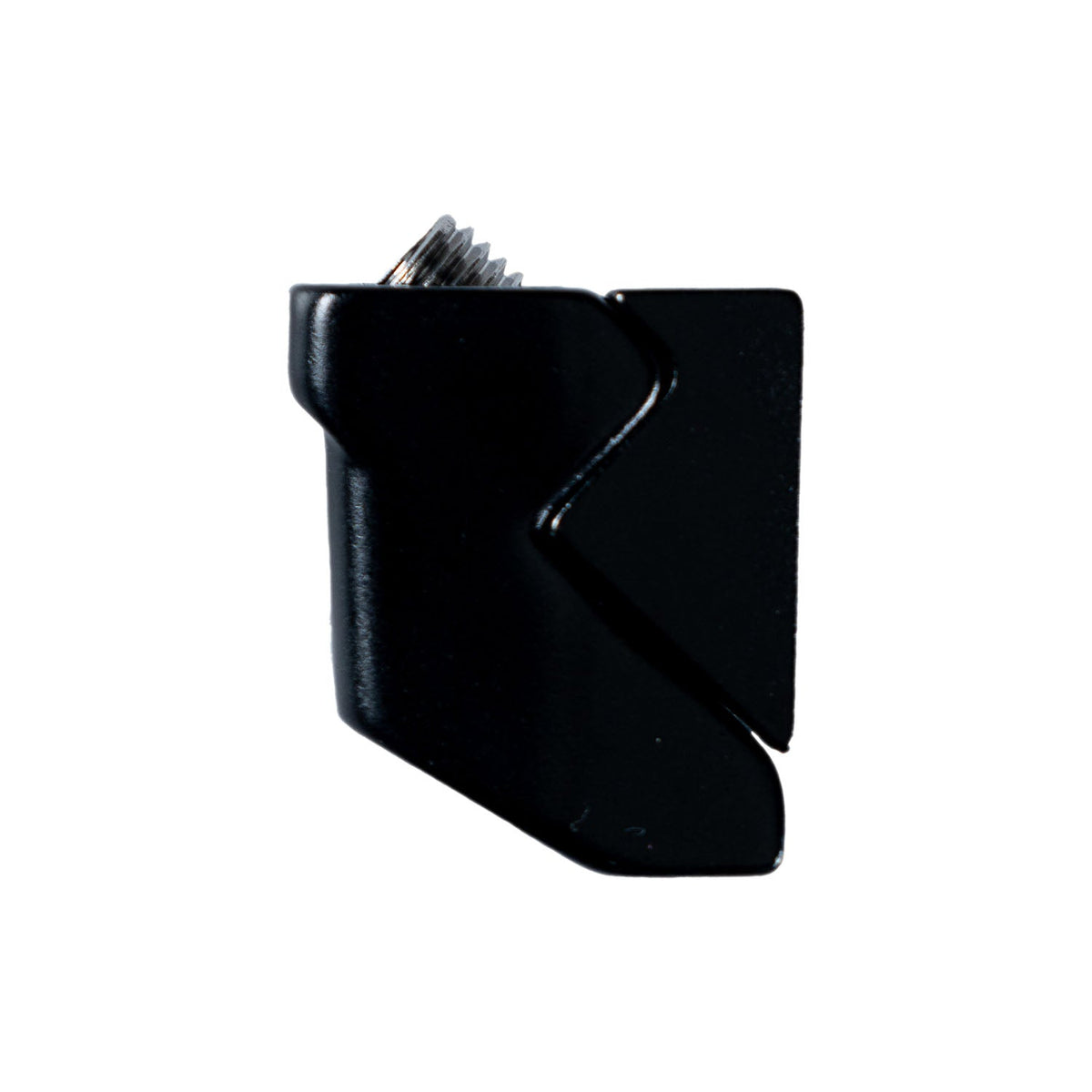 Veyo seat clamp, a small black wedge with a threaded bolt, side view