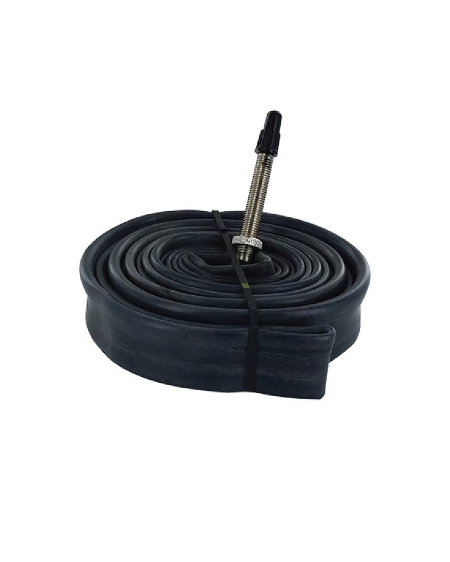 Coiled black 700x28-32 road inner tube with a long Presta valve