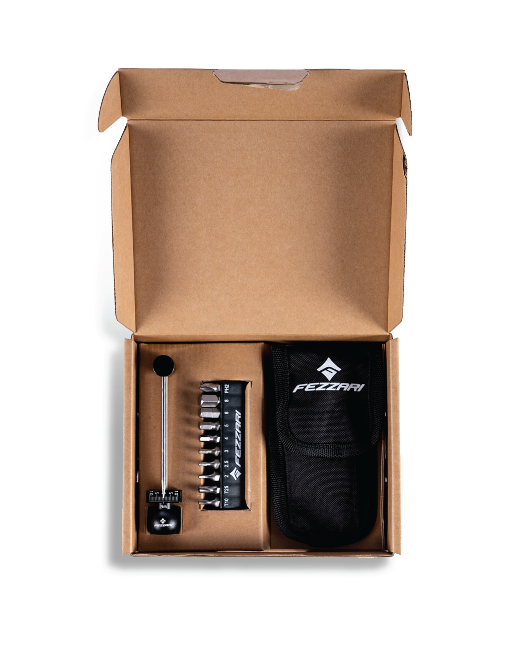 Ari mini torque wrench kit open in its cardboard box with wrench, bit holder, and pouch